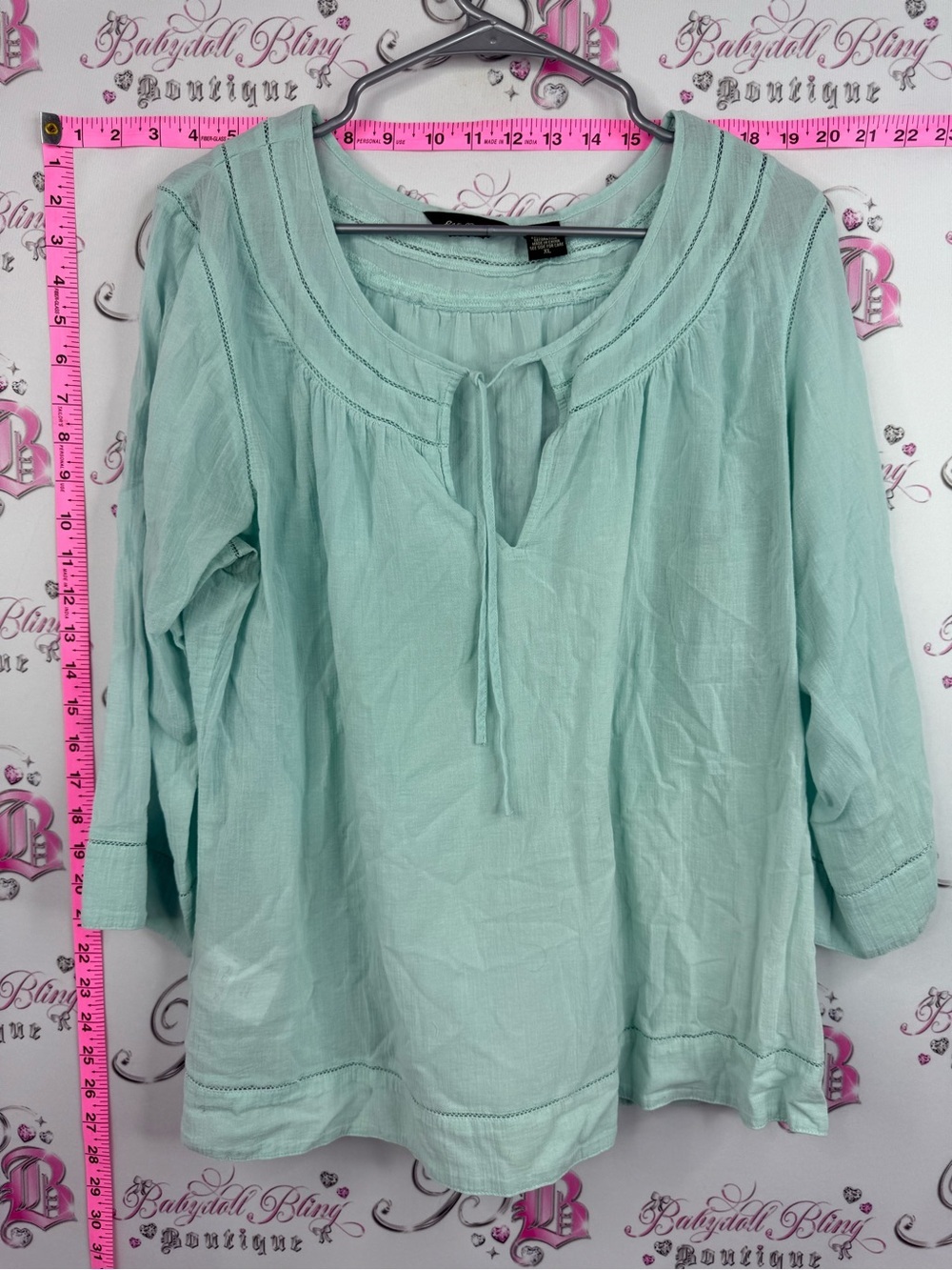 Eddie Bauer blouse blue Mint Green Tie-Neck Peasant Top